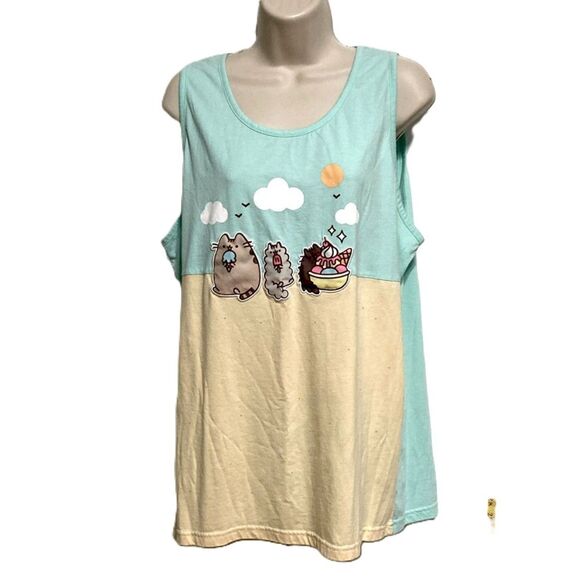 Pusheen Tops - PUSHEEN Tank Top Sleeveless Teal Yellow Cat Applique Beach Print  Womens XL